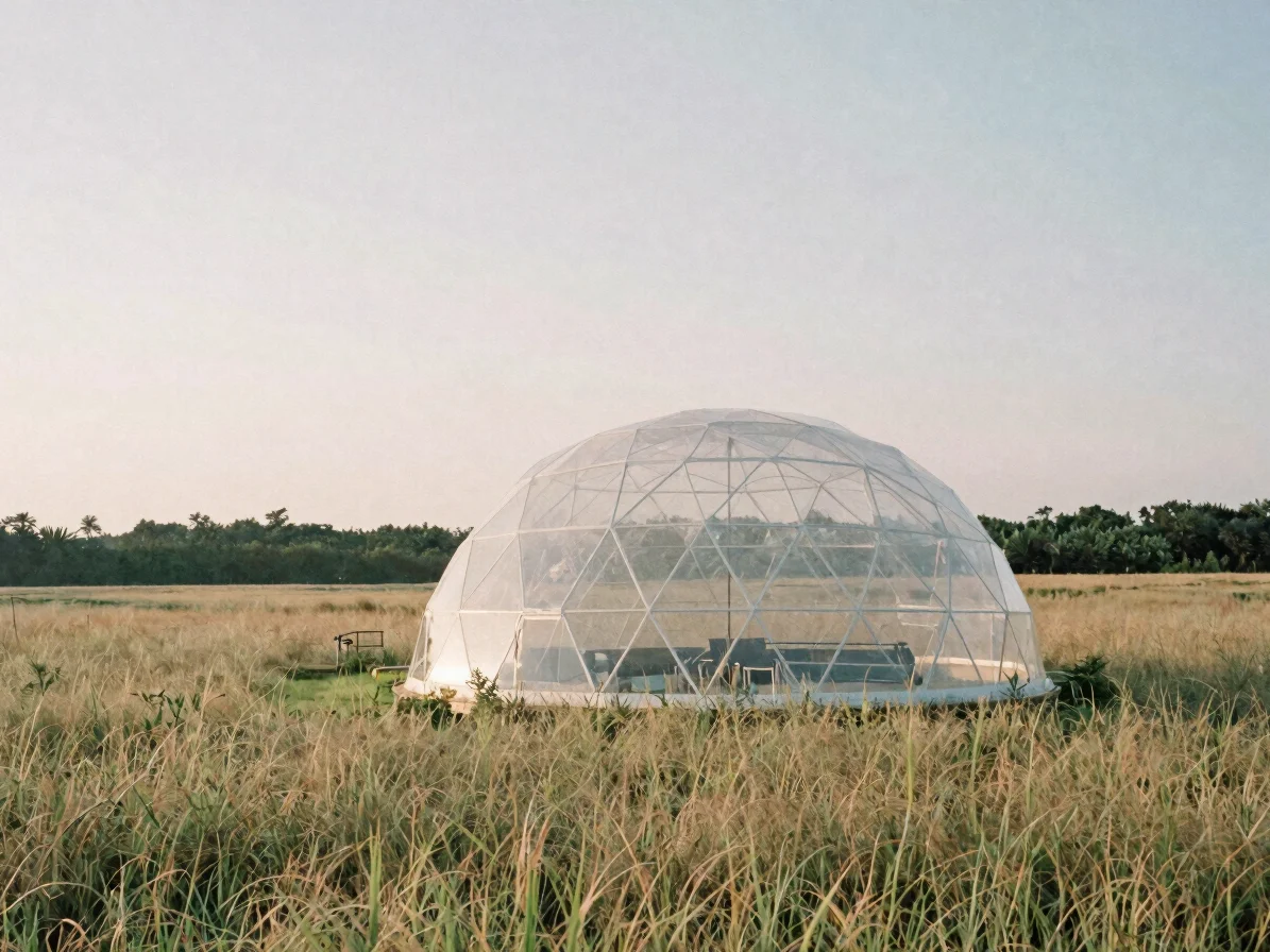 Wide landscape view of a transparent geodesic dome set among pale