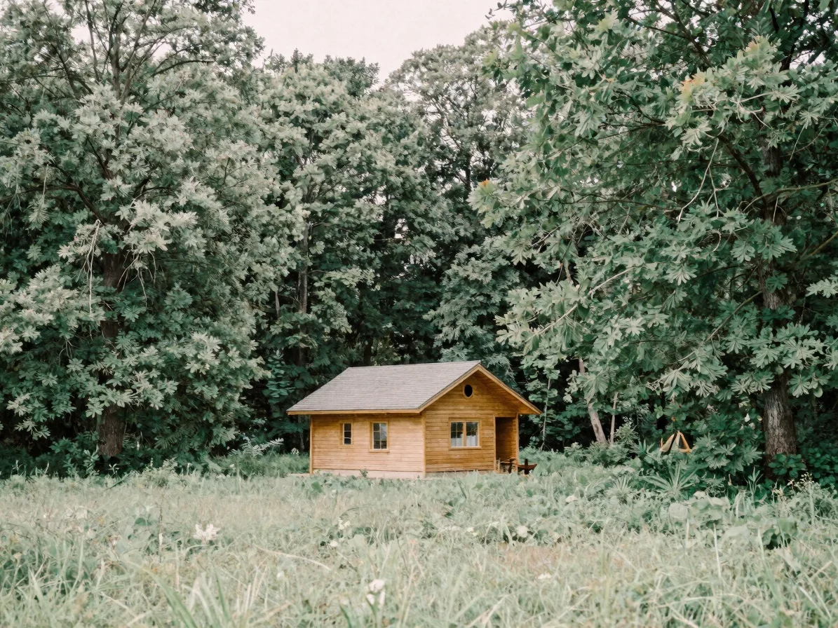 Wide landscape of a timber cabin with a sloped roof nestled betwe