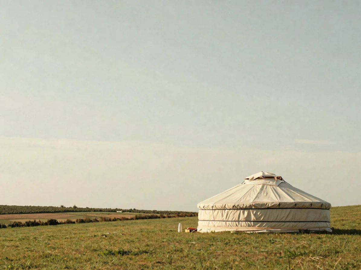 Wide landscape of a canvas yurt on a gentle green slope under pal
