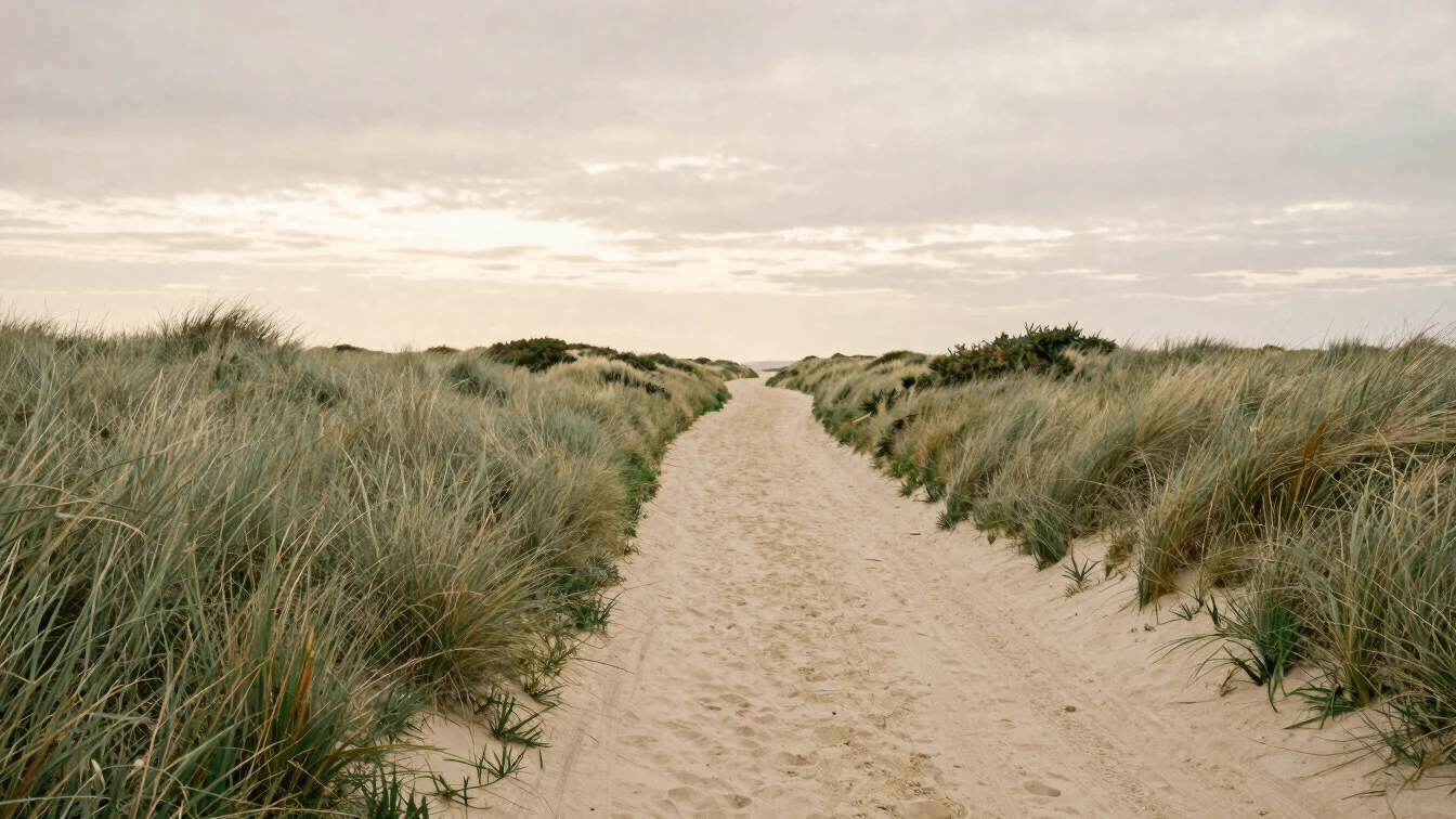 Wide landscape of a windswept French coastal path at dawn, soft o