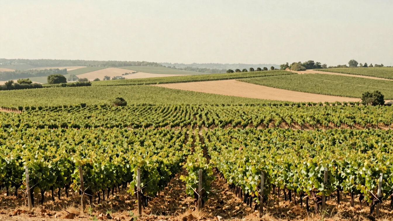 Wide view across rolling vineyard rows in a French valley, early