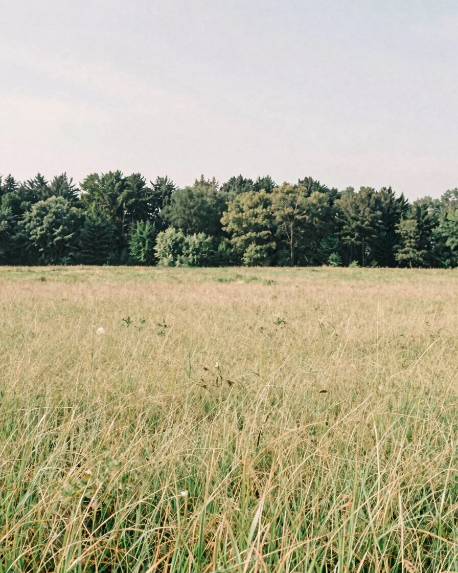 Wide landscape of a quiet riverside meadow beside an old forest edge, soft overcast daylight, sage green and beige tones