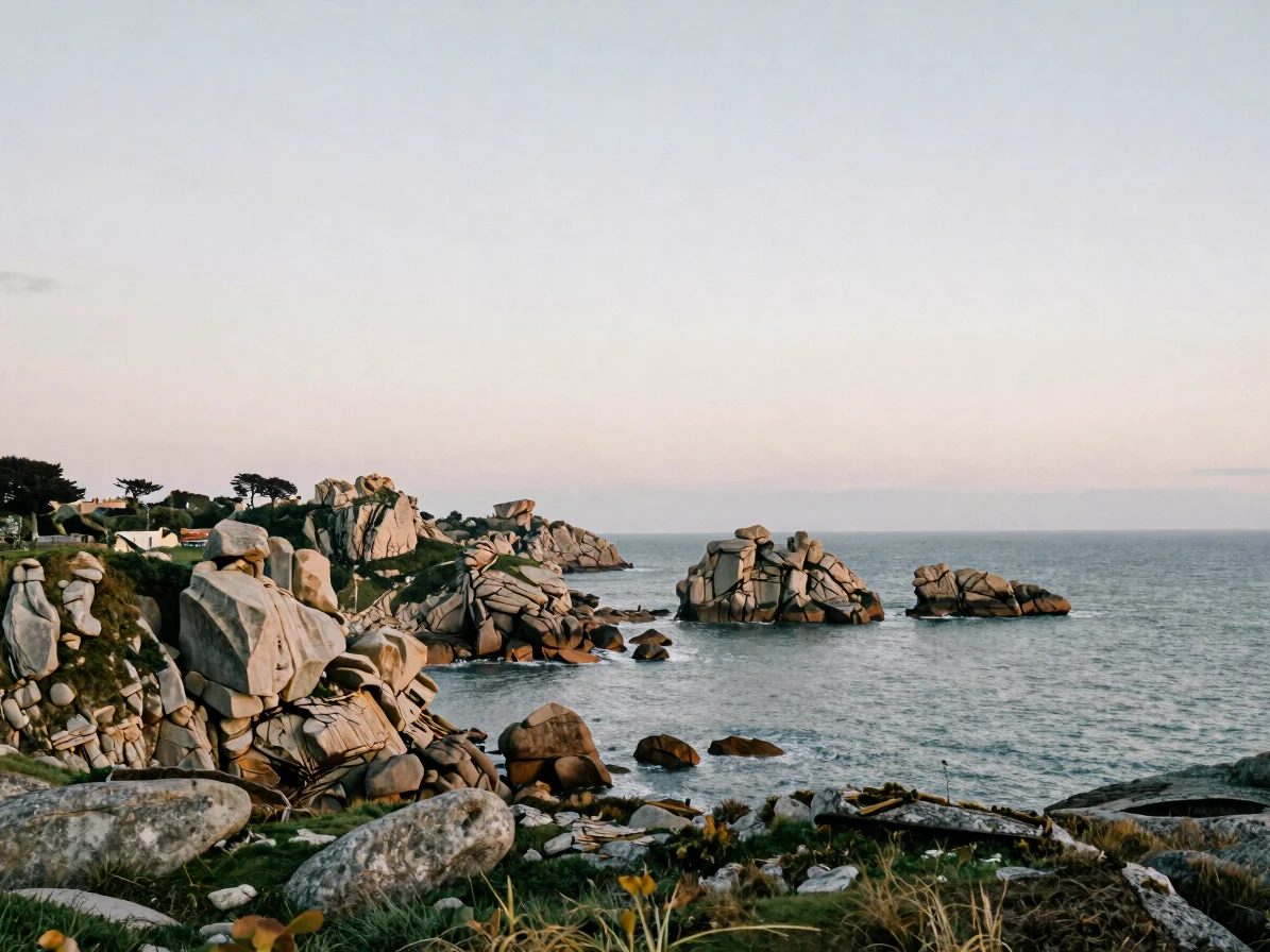 Wide panoramic Brittany coast at dawn, granite cliffs meeting the
