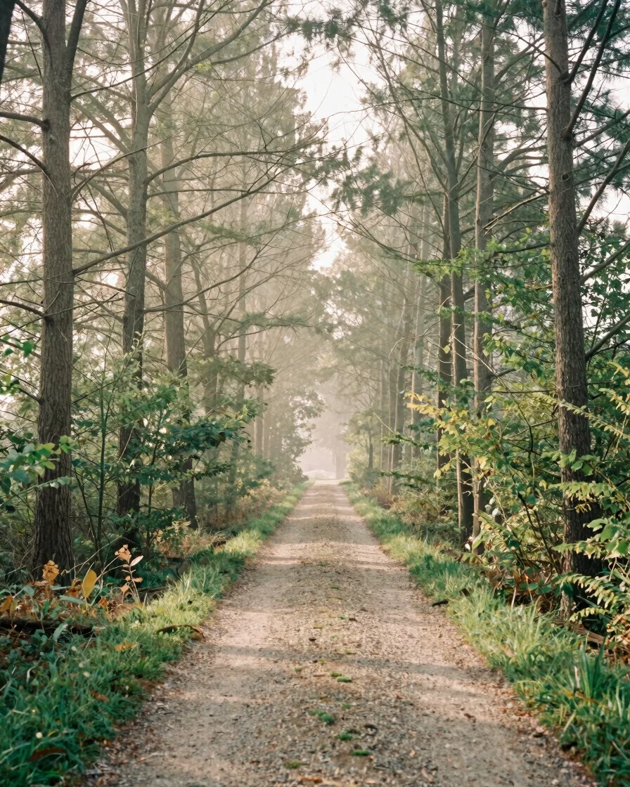 Wide landscape of French woodland at soft early morning light, mi